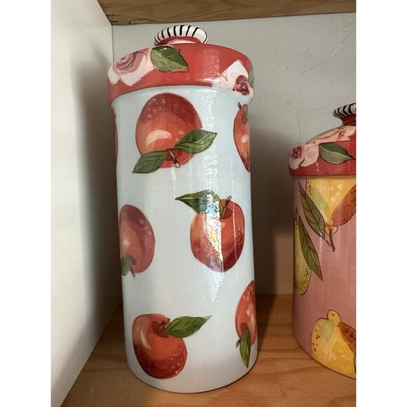 Droll Designs Set Of 4 Canister Fruit Apples Pears Plums Lemons Rose Lids Rare - Picture 3 of 16